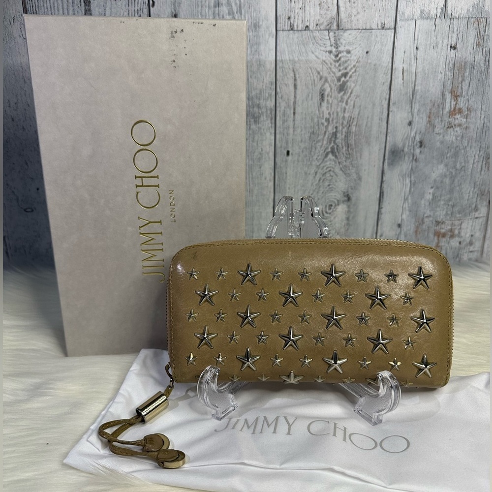 JIMMY CHOO star studded long zip wallet in taupe